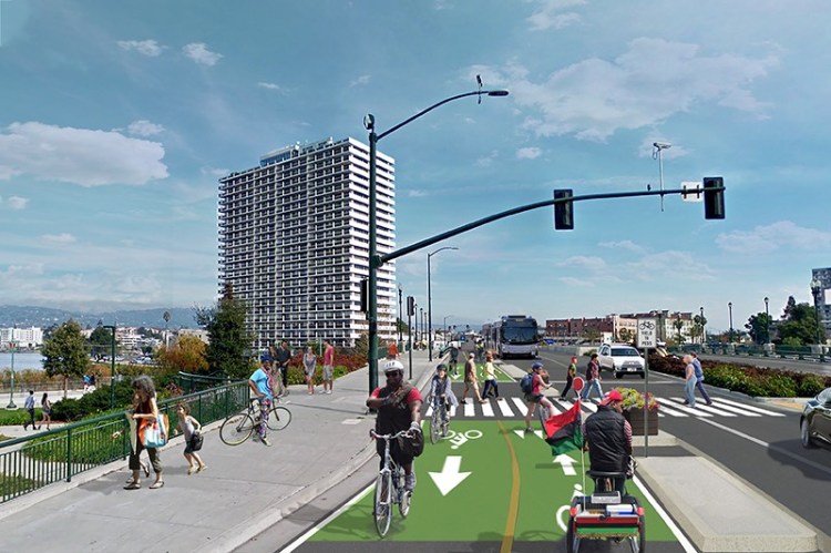 Rendering of the proposed 2-way cycletrack on Lake Merritt Blvd, looking east.